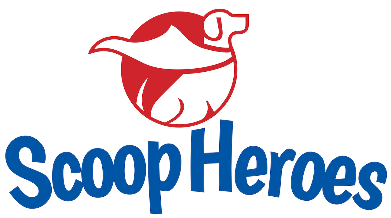 Scoop Heroes Logo | A red dog with a cape and SCOOP HEROES below.