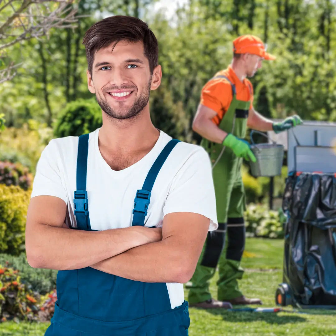 Scoop Heroes | Image | Man in overalls, background man emptying poop bucket