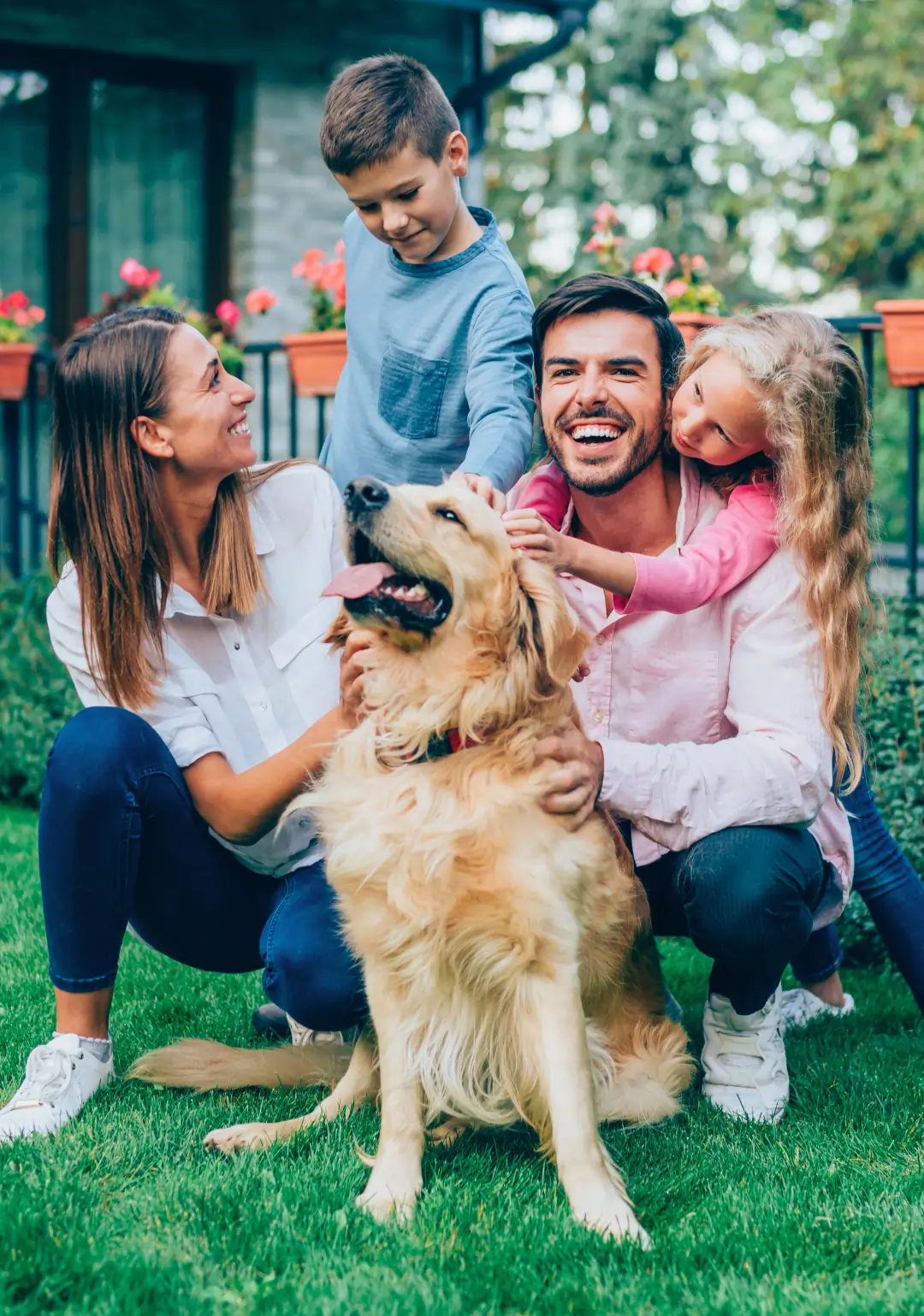 Scoop Heroes | Dog Image | Happy family petting their dog